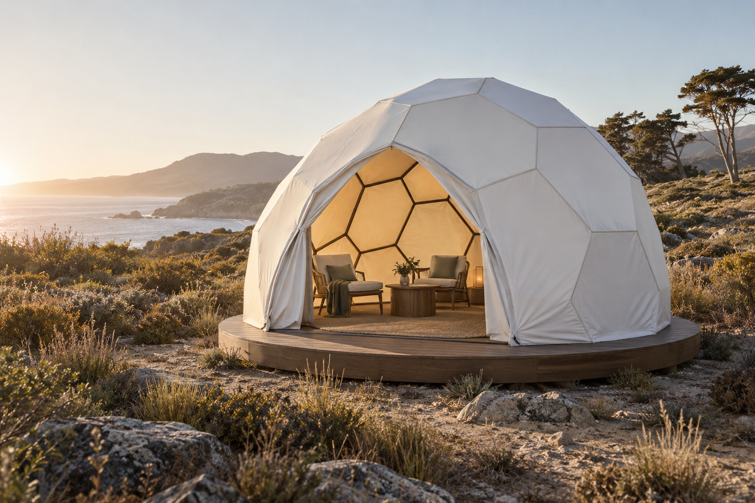 Carpa geométrica blanca frente al paisaje costero chileno