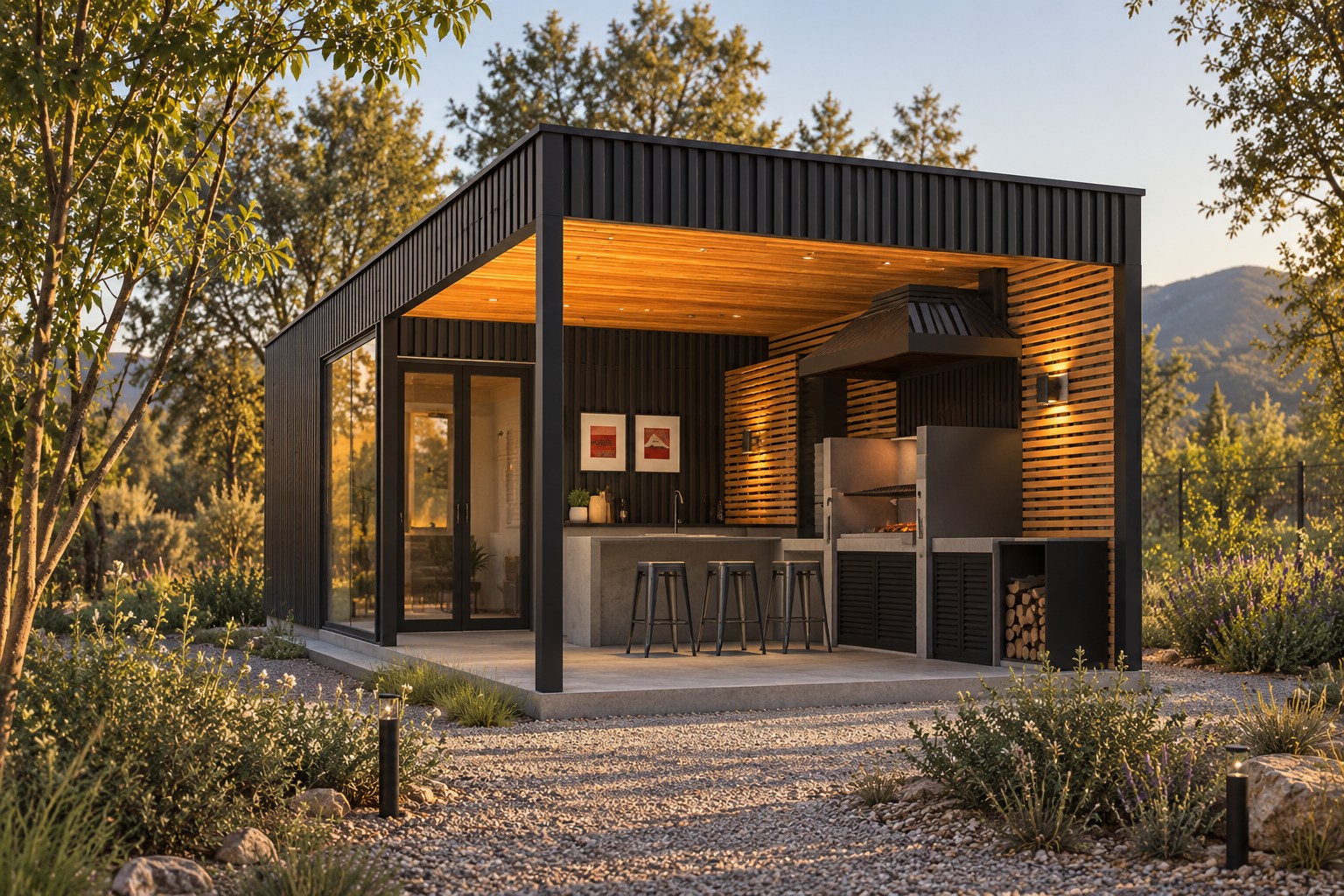 Quincho modular ENCUBO con terraza techada y parrilla