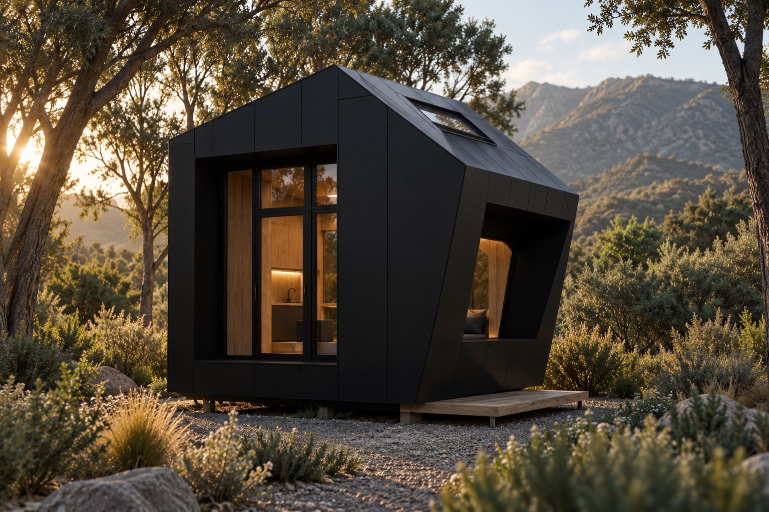 Módulo negro facetado con interior de madera y paisaje de cerros